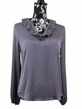 Elizabeth McKay Slate Gray Ruffled V-Neck Long Sleeve Blouse